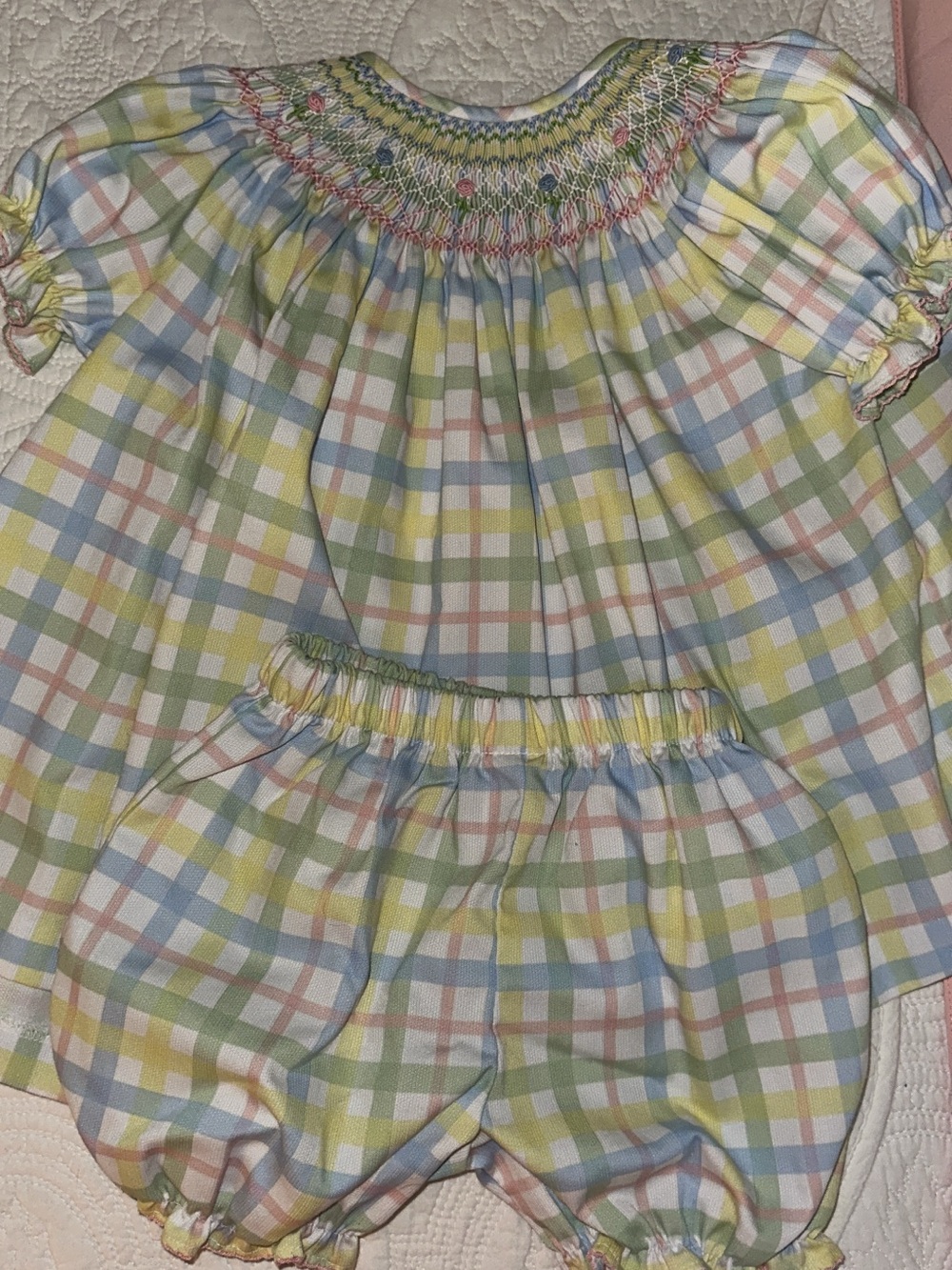 Smocked Plaid Baby Dress and Bloomers Set - Pastel Yellow, Blue, Green EUC